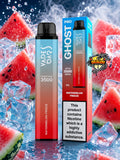 A Vape Dayz Ghost Pro 3500 disposable vape device and its retail box, labeled 'Watermelon Freeze,' shown against a dynamic background of sliced watermelon wedges and ice cubes. A 'Dragon' brand badge is visible on the right side.