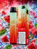 A disposable vape device and its retail box for Vape Ons Ghost Pro 3500 in Watermelon Ice flavor, set against a dynamic background of splashing ice, watermelon slices, and mint leaves.