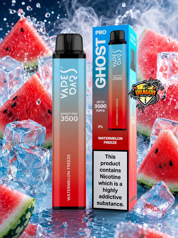 A Vape Dayz Ghost Pro 3500 disposable vape device and its retail box, labeled 'Watermelon Freeze,' shown against a dynamic background of sliced watermelon wedges and ice cubes. A 'Dragon' brand badge is visible on the right side.