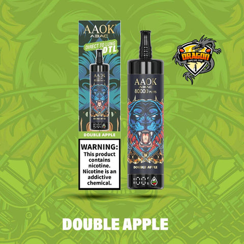 AAOK vape device and packaging on a green background with dragon logo