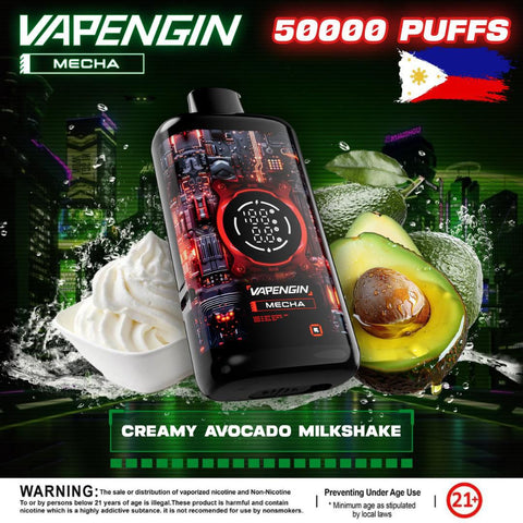 Vapengin Mecha vape device with avocado and whipped cream on a dark background