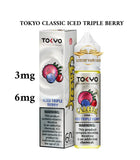 TOKYO Classic Iced Triple Berry vape juice packaging with nicotine warning labels.