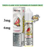 Tokyo Classic iced watermelon passion fruit vape juice packaging with nicotine warning labels.