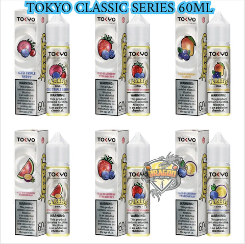 TOKYO Classic Series vape juice packaging with various fruit flavors on a white background.