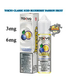 Tokyo Classic Iced Blueberry Passion Fruit vape juice packaging with nicotine warning labels.