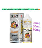 TOKYO Classic Iced Mango Passion Fruit vape juice packaging with nicotine content labels.
