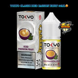 Tokyo Classic Iced Passion Fruit 30ML vape juice packaging with warning label on a black background.