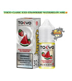 Tokyo Classic Iced Strawberry Watermelon vape juice packaging with warning label on a white background
