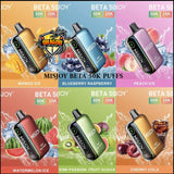 Misjoy Beta 50K puffs display with various flavors and colors.