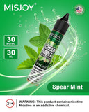 Misjoy Spear Mint vape juice bottle with green leaves on a green background