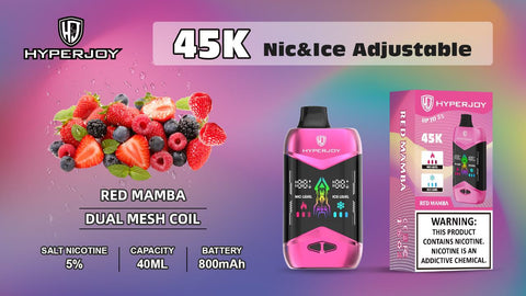HyperJoy vape device with berries and packaging on a colorful background