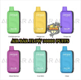 Six Air Bar Flow vape devices in different colors with flavor labels on a white background.